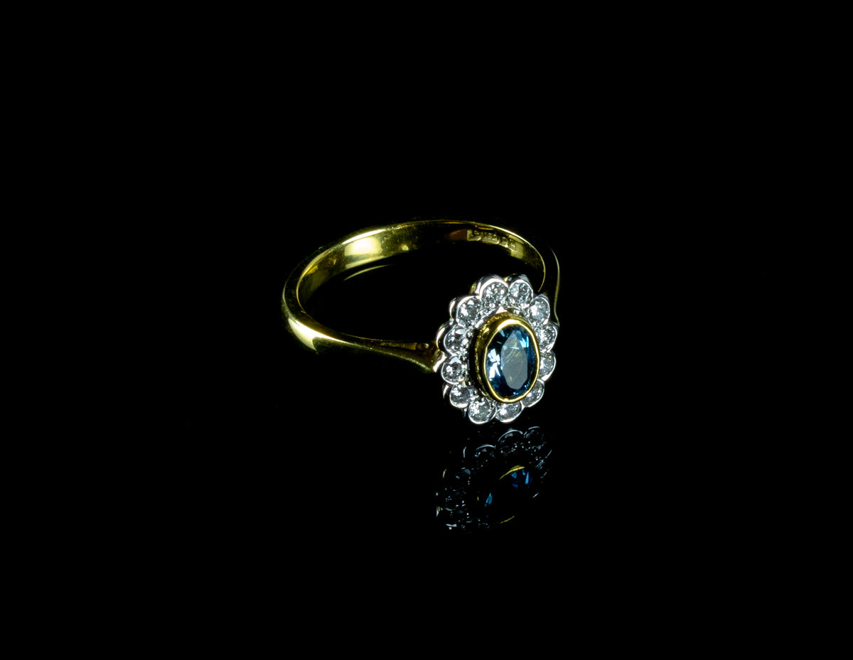 18ct Gold Aquamarine and Diamond Cluster Ring, London 1995