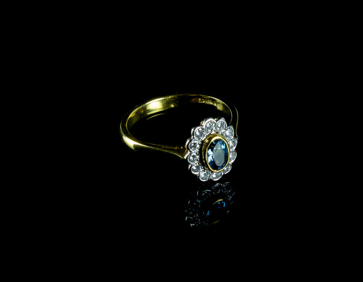 18ct Gold Aquamarine and Diamond Cluster Ring, London 1995