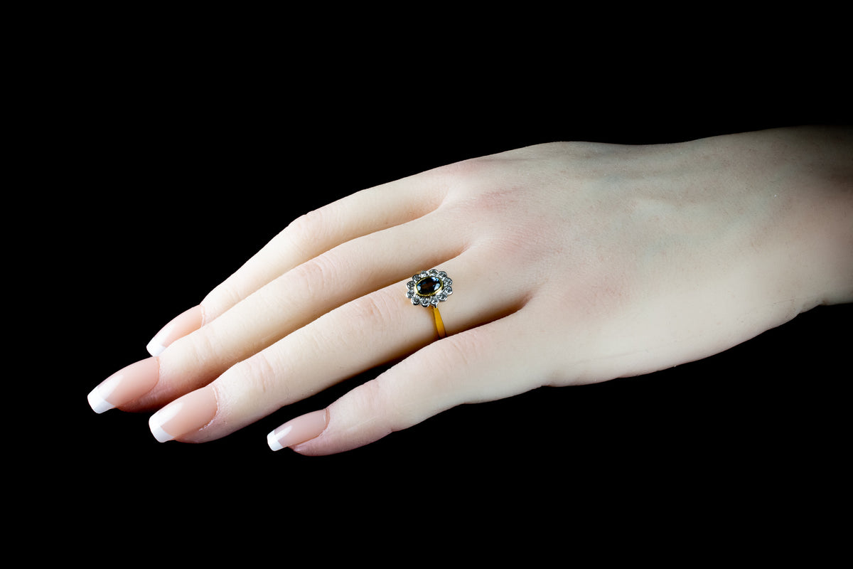 18ct Gold Aquamarine and Diamond Cluster Ring, London 1995