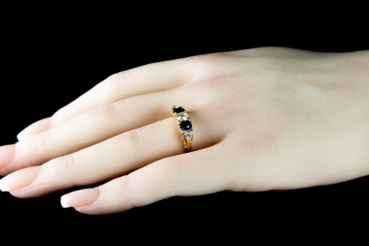 Antique Victorian 18ct Gold Sapphire and Diamond Five Stone Ring