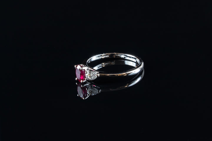 18ct White Gold Ruby and Pear-Cut Diamond Three Stone Ring