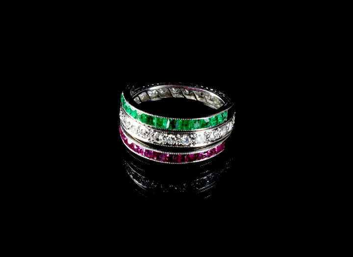 Art Deco Platinum Diamond, Ruby and Emerald Flip Eternity Ring