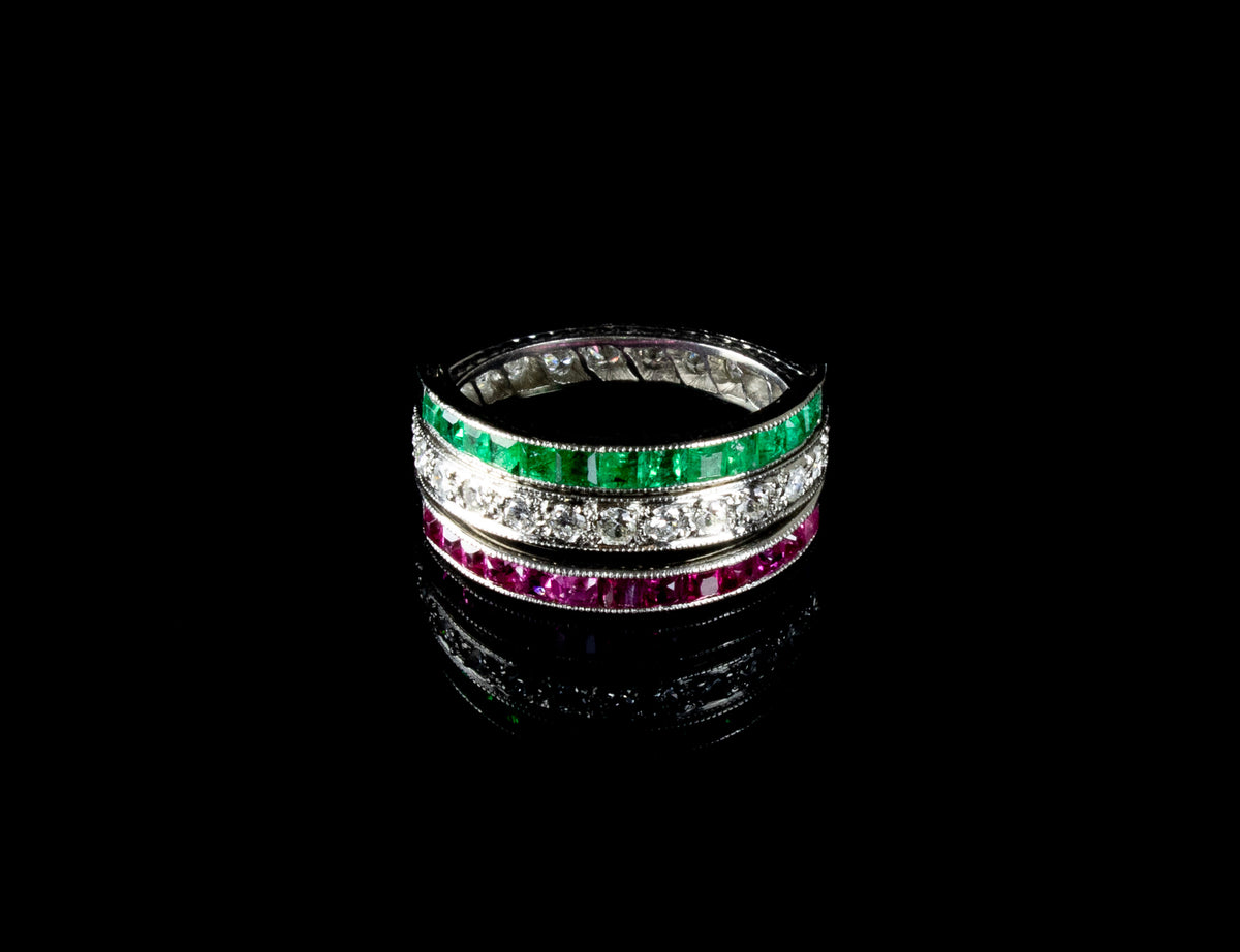 Art Deco Platinum Diamond, Ruby and Emerald Flip Eternity Ring