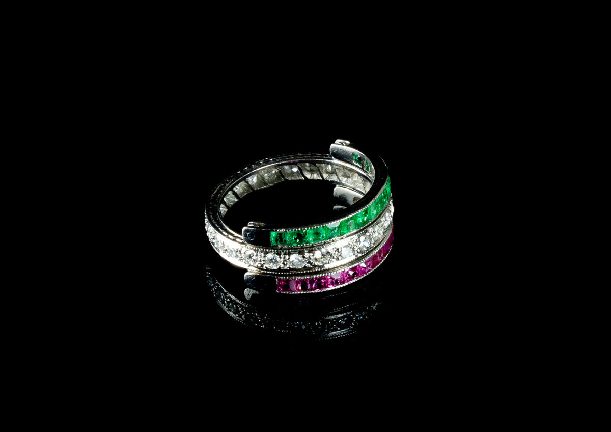Art Deco Platinum Diamond, Ruby and Emerald Flip Eternity Ring