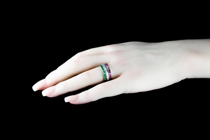 Art Deco Platinum Diamond, Ruby and Emerald Flip Eternity Ring