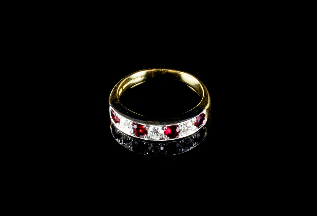 18ct Gold and Platinum Seven Stone Ruby and Old Cut Diamond Half Eternity Ring