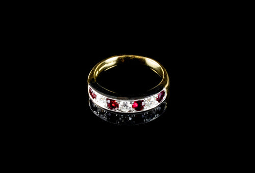 18ct Gold and Platinum Seven Stone Ruby and Old Cut Diamond Half Eternity Ring
