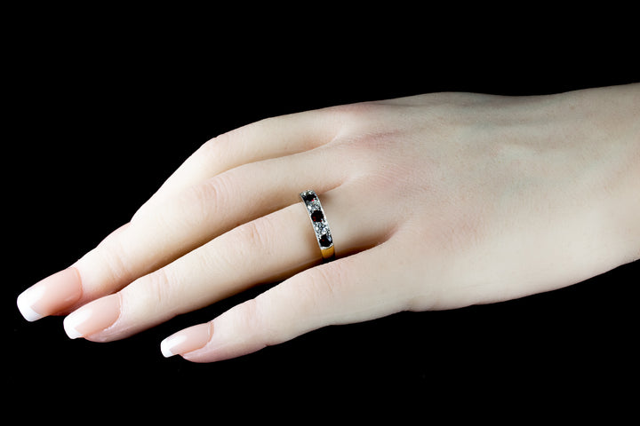 18ct Gold and Platinum Seven Stone Ruby and Old Cut Diamond Half Eternity Ring