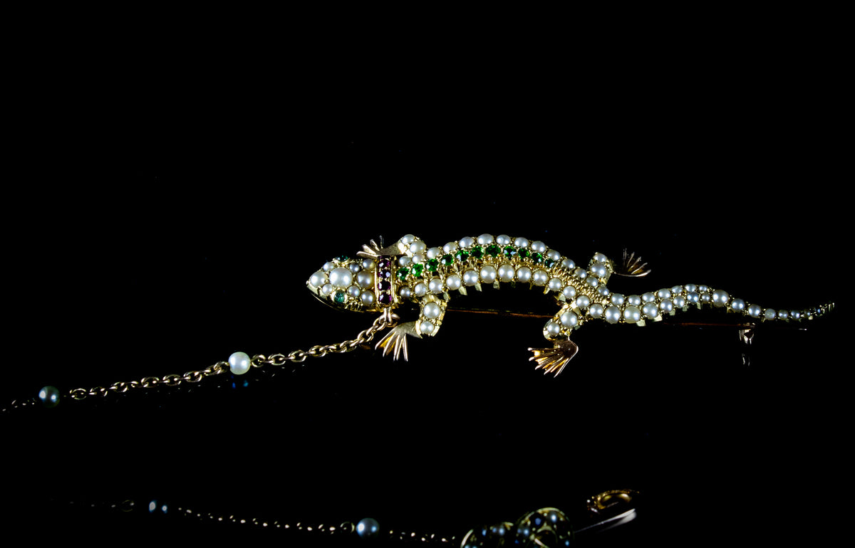 Antique 18ct Gold, Ruby, Demantoid Garnet and Half Pearl Lizard Brooch, Circa 1890
