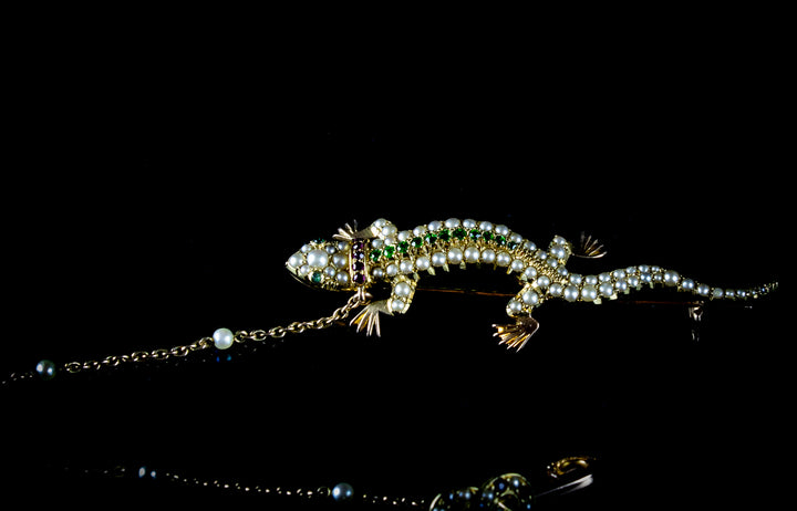 Antique 18ct Gold, Ruby, Demantoid Garnet and Half Pearl Lizard Brooch, Circa 1890