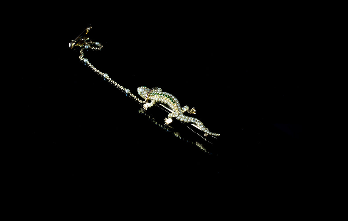 Antique 18ct Gold, Ruby, Demantoid Garnet and Half Pearl Lizard Brooch, Circa 1890