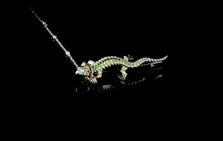Antique 18ct Gold, Ruby, Demantoid Garnet and Half Pearl Lizard Brooch, Circa 1890