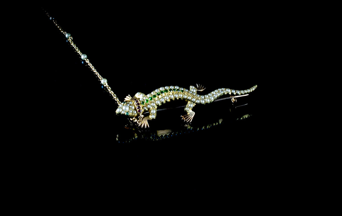 Antique 18ct Gold, Ruby, Demantoid Garnet and Half Pearl Lizard Brooch, Circa 1890