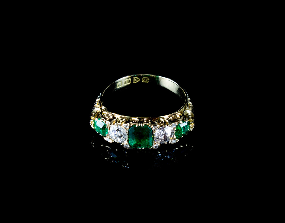 Antique Edwardian 18ct Gold Five Stone Emerald and Diamond Ring, Chester 1910