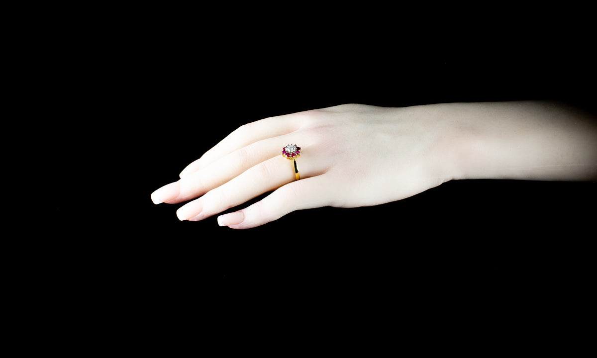 18ct Gold Diamond and 1.20ct Ruby Cluster Ring, London 1980