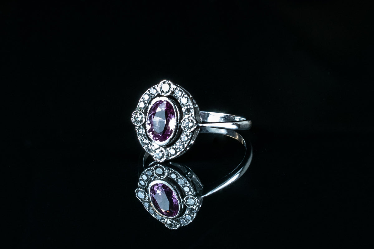 Art Deco Style Platinum 1.05ct Pink Sapphire and Diamond Cluster Ring