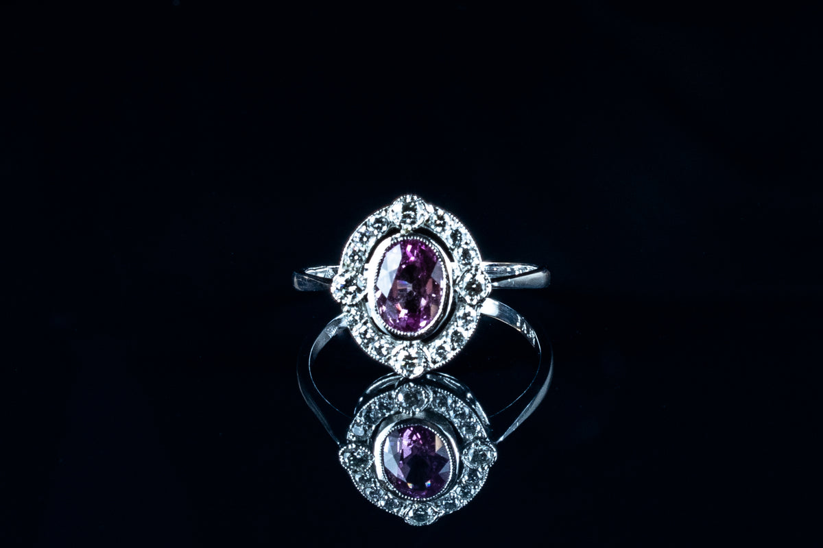 Art Deco Style Platinum 1.05ct Pink Sapphire and Diamond Cluster Ring