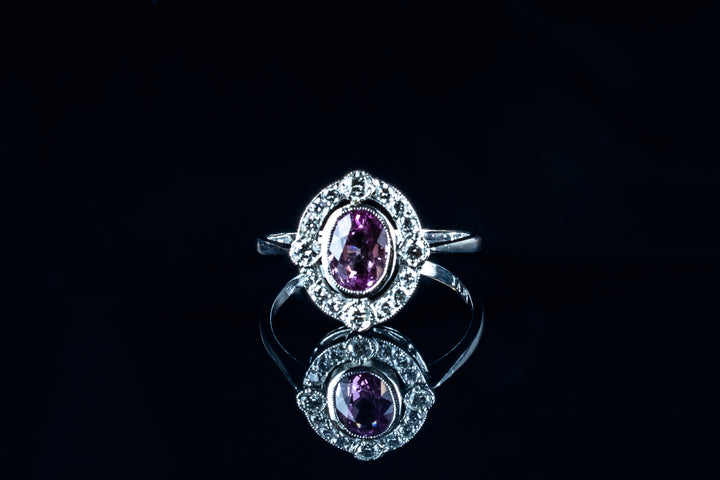 Art Deco Style Platinum 1.05ct Pink Sapphire and Diamond Cluster Ring