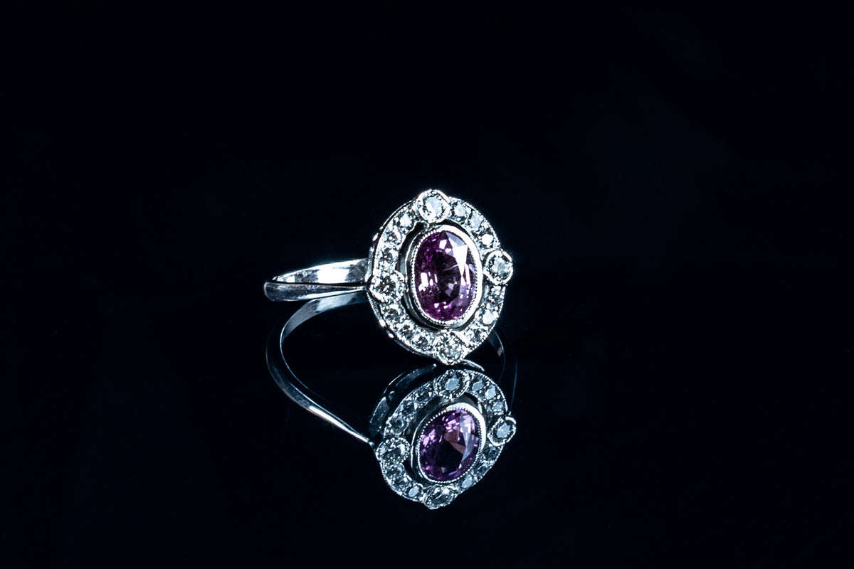 Art Deco Style Platinum 1.05ct Pink Sapphire and Diamond Cluster Ring