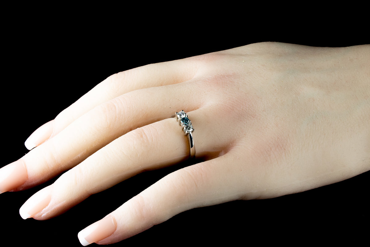 Three Stone Blue Zircone and Diamond Ring set in Platinum