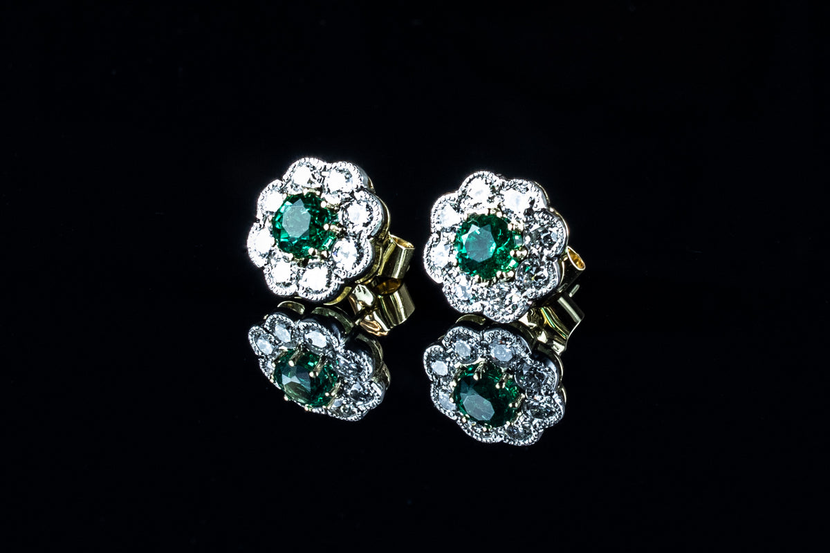 18ct Gold Emerald and Diamond Cluster Earrings Set in Platinum