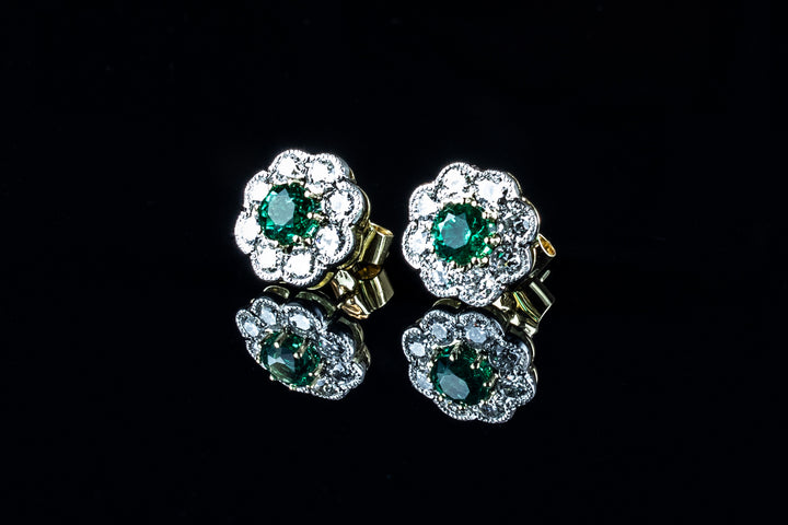 18ct Gold Emerald and Diamond Cluster Earrings Set in Platinum