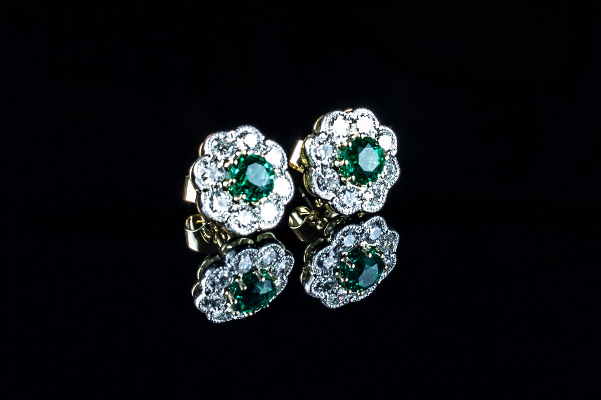 18ct Gold Emerald and Diamond Cluster Earrings Set in Platinum