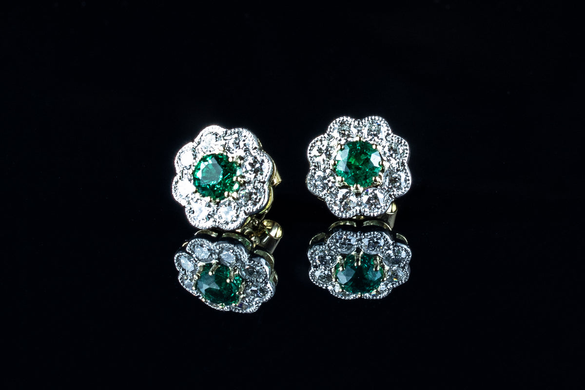 18ct Gold Emerald and Diamond Cluster Earrings Set in Platinum