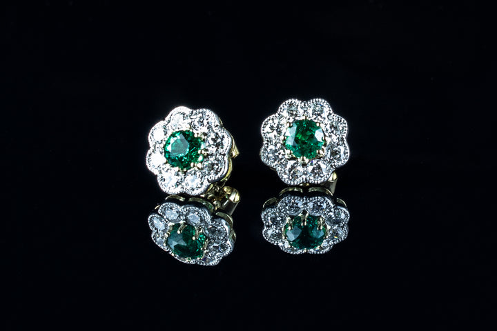 18ct Gold Emerald and Diamond Cluster Earrings Set in Platinum