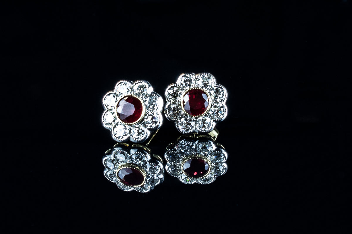 18ct Gold 1.43ct Ruby and Diamond Cluster Earrings Set in Platinum