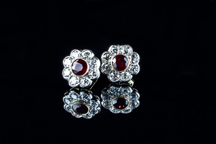 18ct Gold 1.43ct Ruby and Diamond Cluster Earrings Set in Platinum