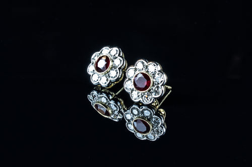 18ct Gold 1.43ct Ruby and Diamond Cluster Earrings Set in Platinum