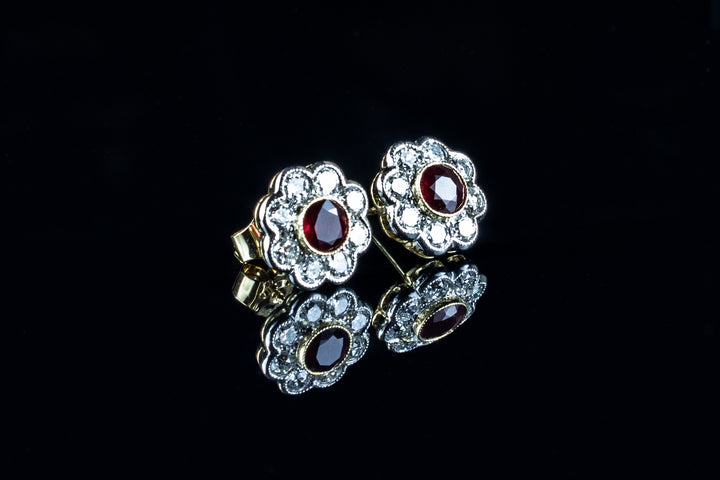 18ct Gold 1.43ct Ruby and Diamond Cluster Earrings Set in Platinum