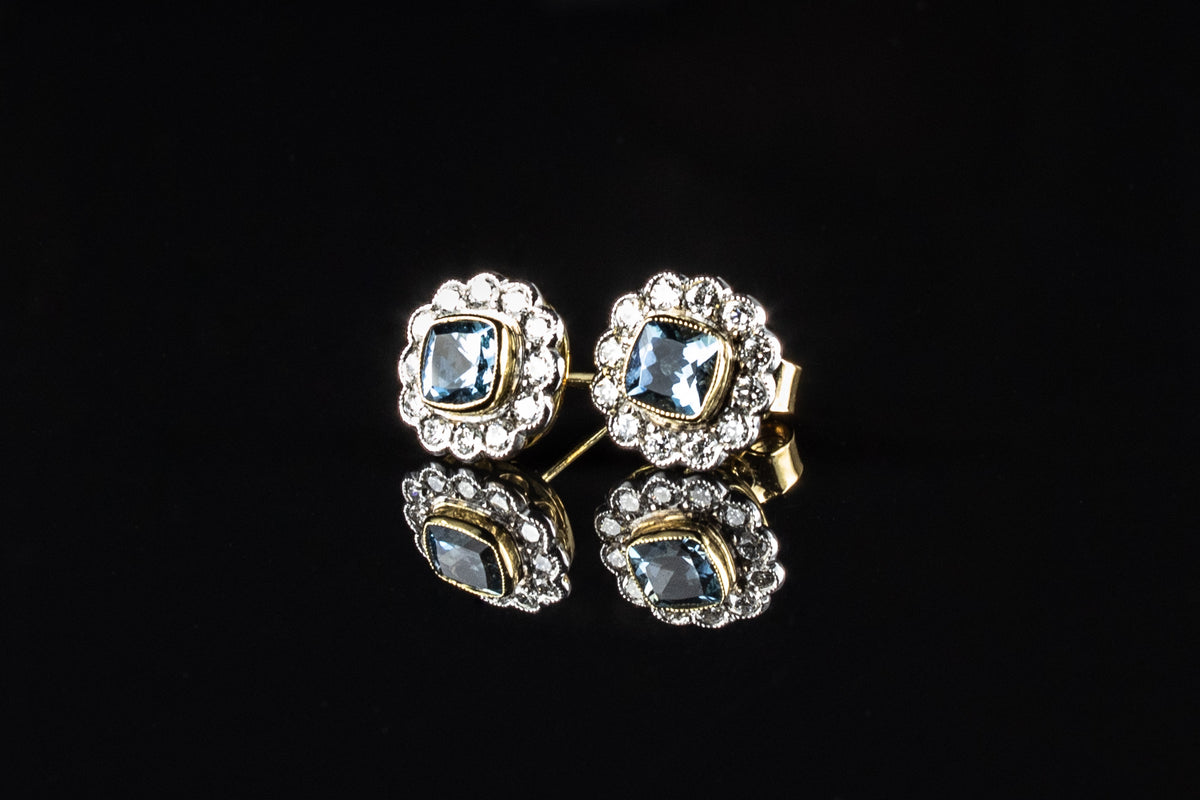 18ct Gold 1.07ct Aquamarine and Diamond Cluster Earrings