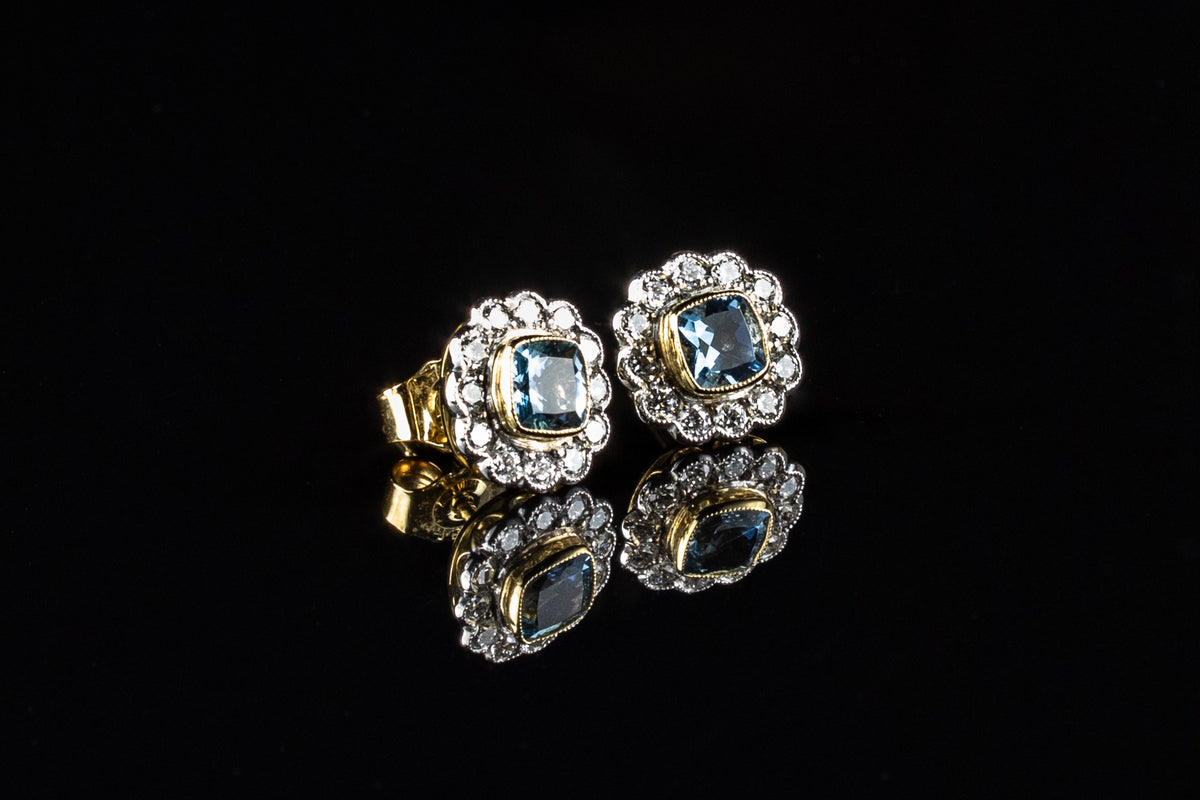 18ct Gold 1.07ct Aquamarine and Diamond Cluster Earrings