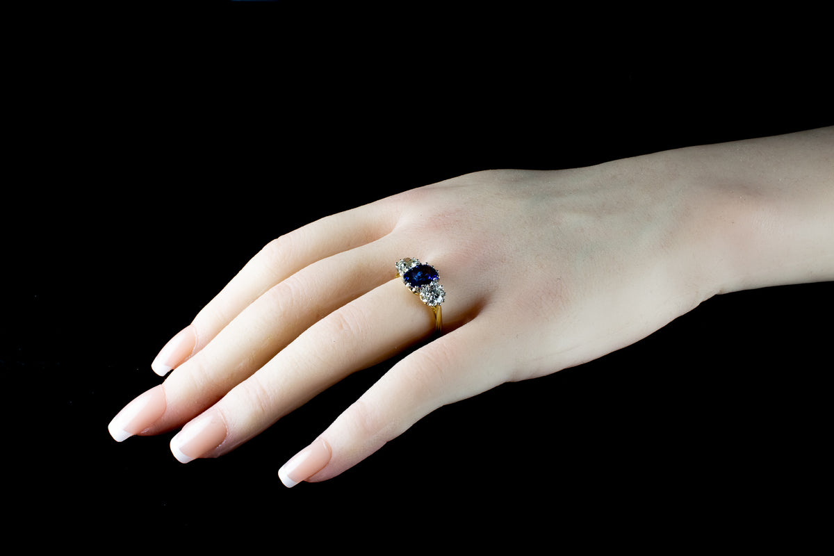 18ct Gold and Platinum Sapphire and Old Cut Diamond Three Stone Ring