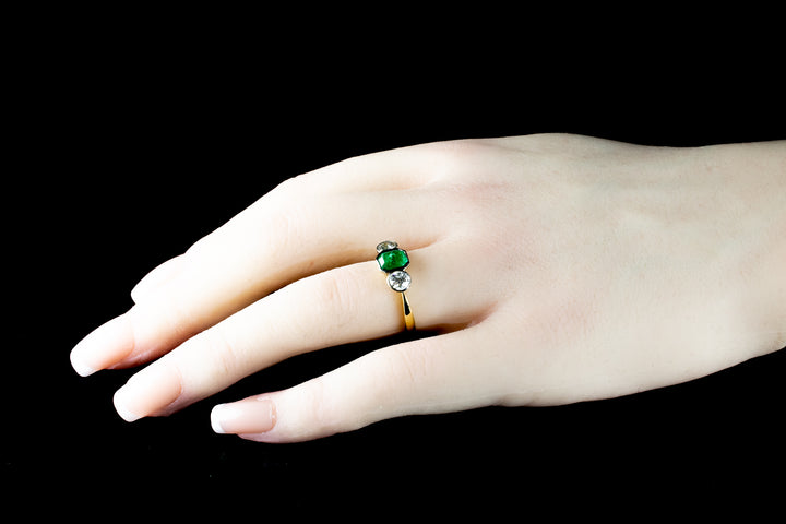 18ct Gold Three Stone Old Cut Diamond and Emerald Ring