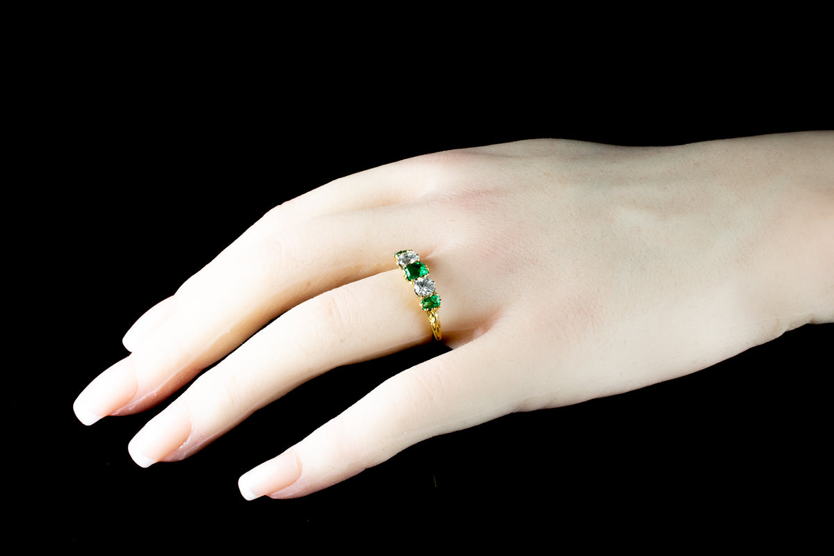 Antique 18ct Gold Five Stone Emerald and Old cut Diamond Ring