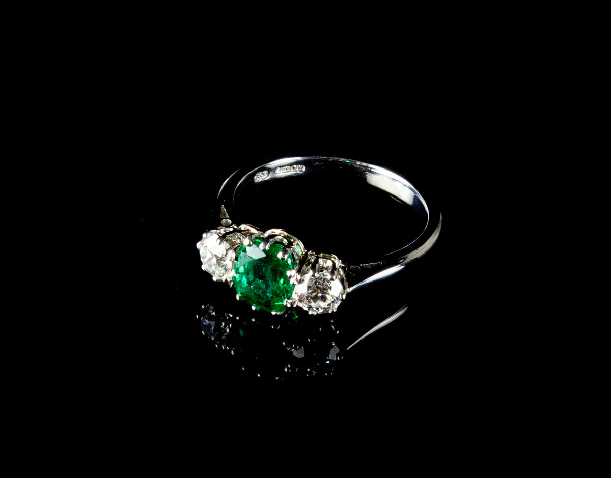 Platinum Three Stone 1.04ct Emerald and Old Cut Diamond Ring