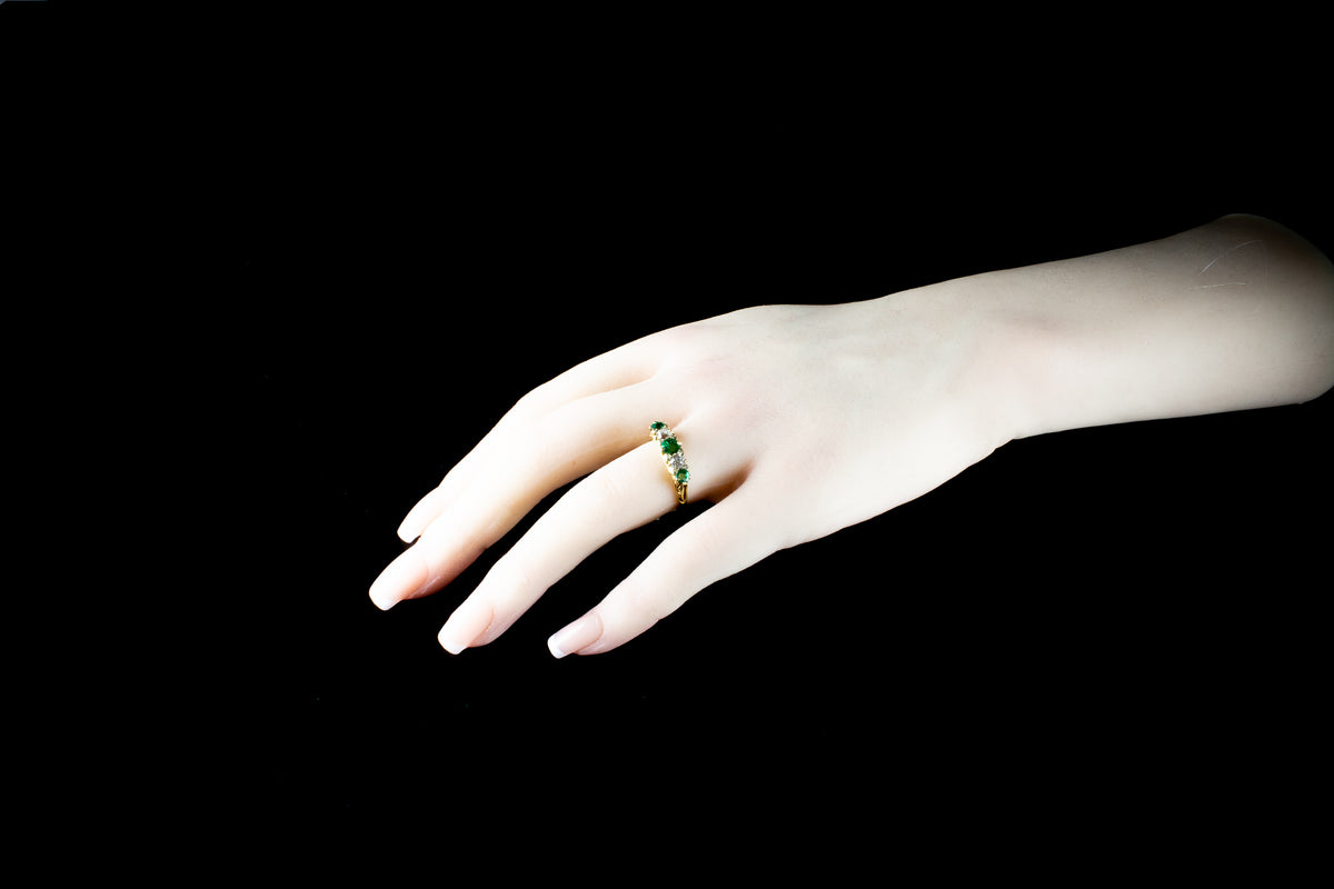 Antique Victorian 18ct Gold Five Stone Emerald and Old Cut Diamond Ring, Circa 1880