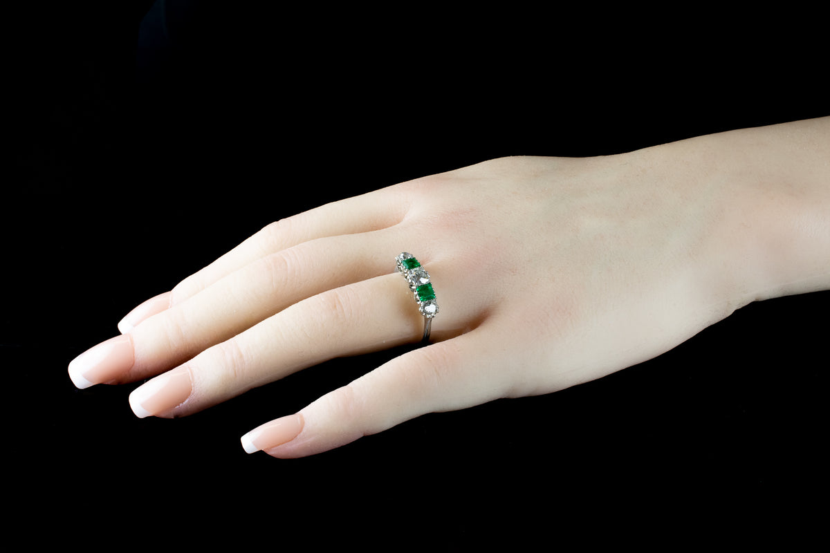 Platinum Five Stone Emerald and Old Cut Diamond Ring, Circa 1930