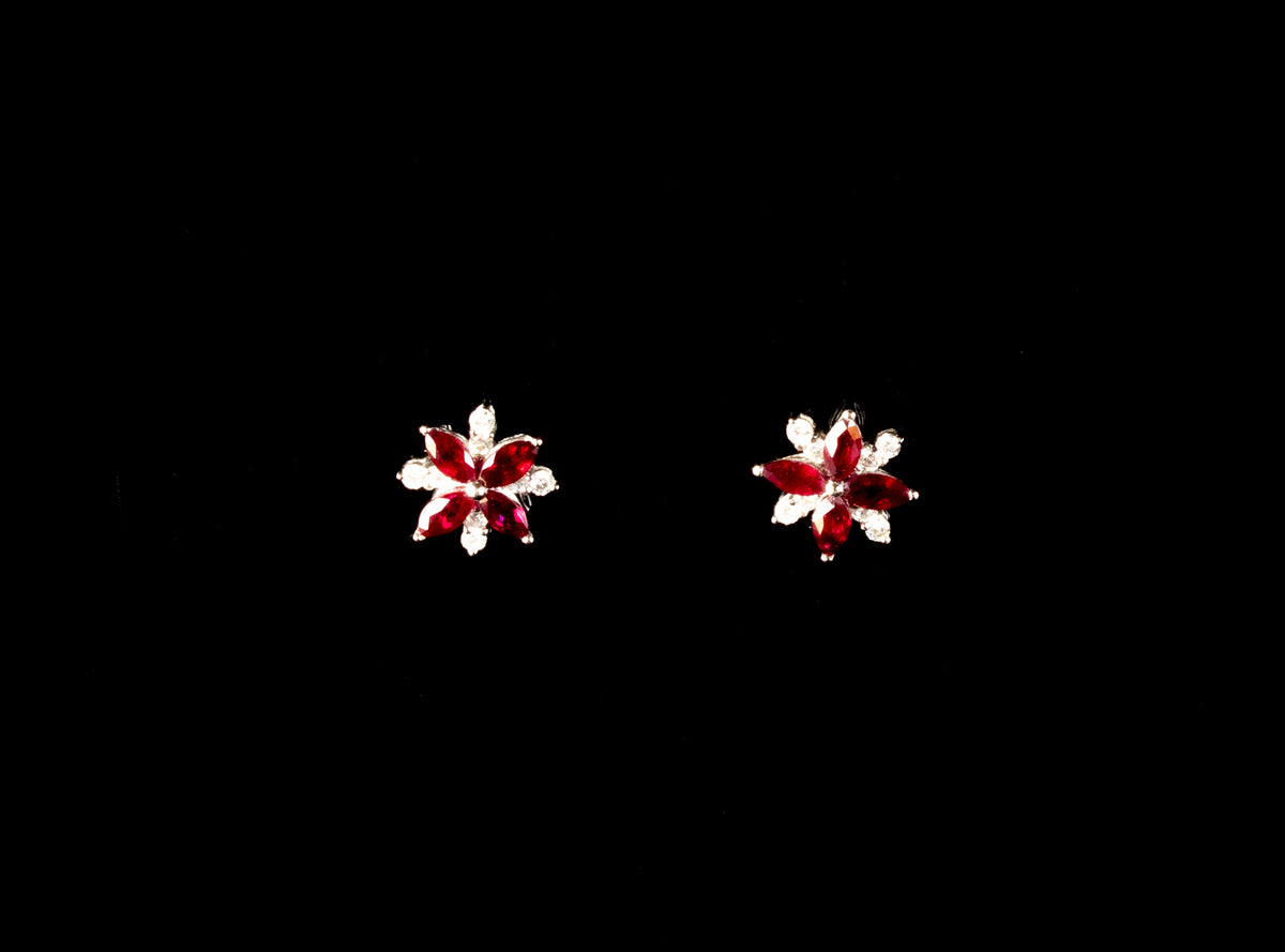 18ct Gold Flower Ruby and Diamond Stud Earrings