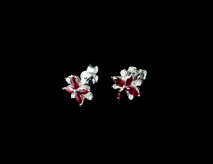 18ct Gold Flower Ruby and Diamond Stud Earrings