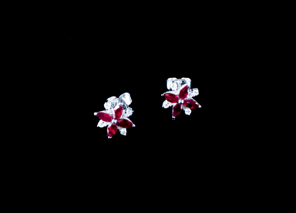 18ct Gold Flower Ruby and Diamond Stud Earrings