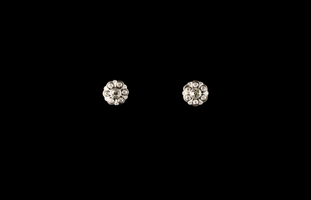 18ct Gold Old Cut 1.60ct Diamond Cluster Earrings set in Platinum
