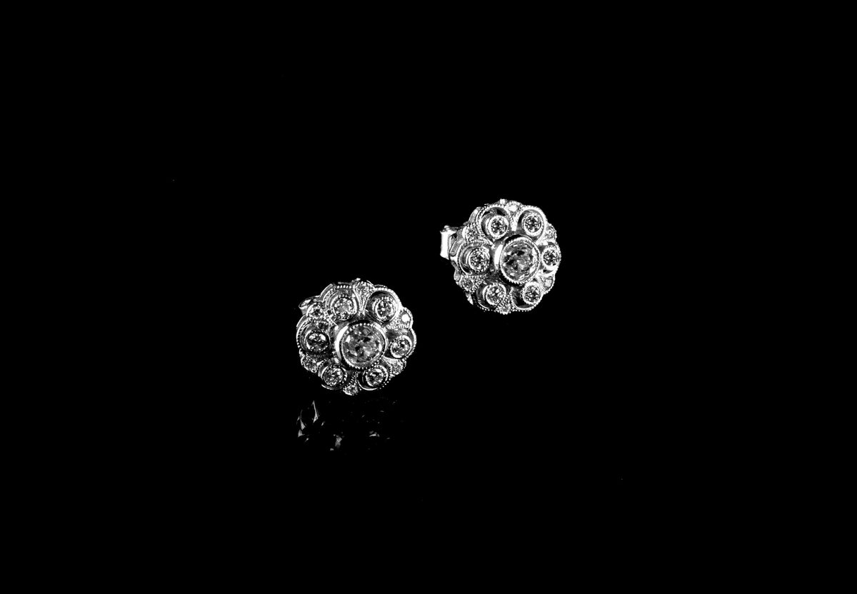 18ct Gold Old Cut 1.60ct Diamond Cluster Earrings set in Platinum