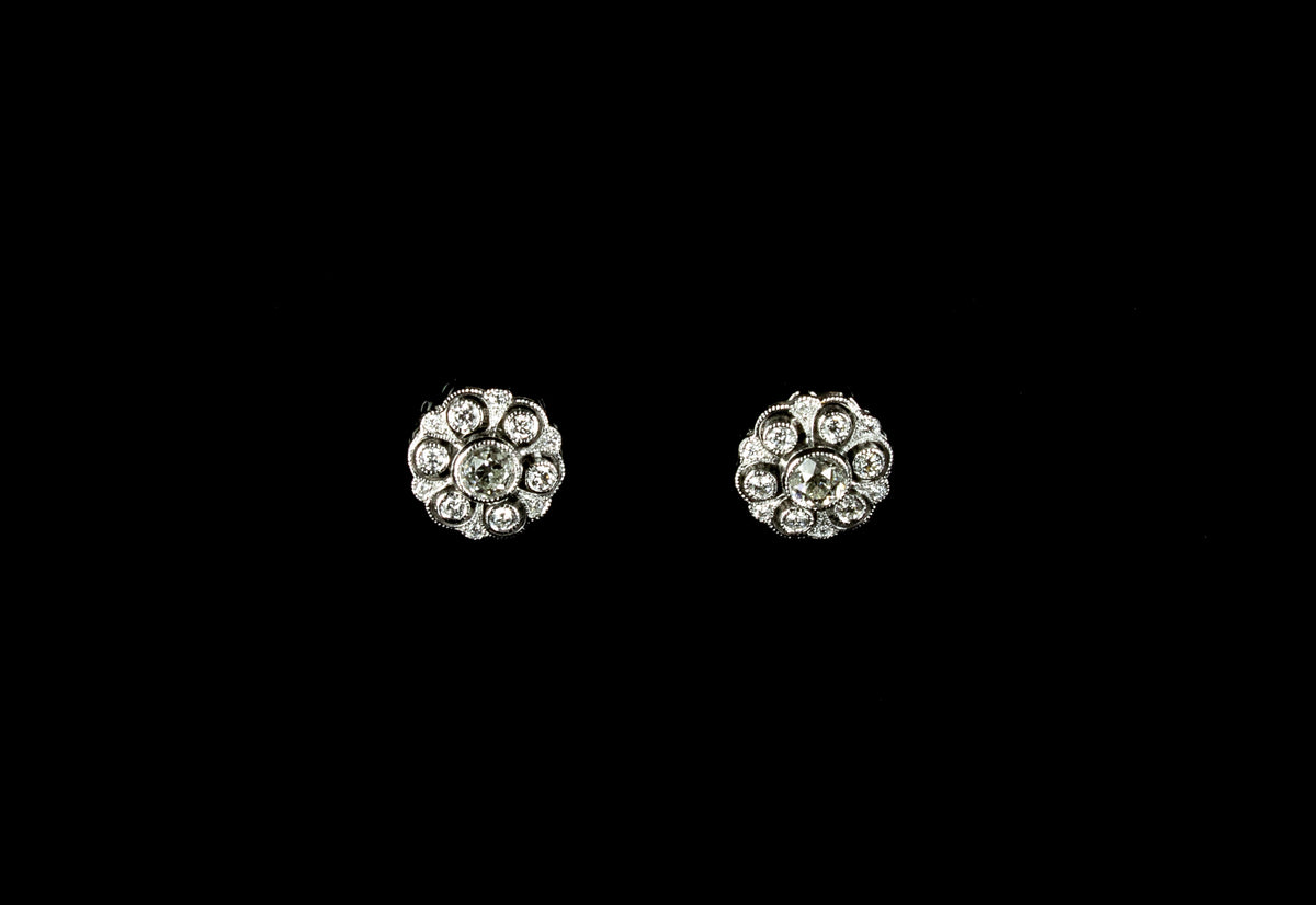 18ct Gold Old Cut 1.60ct Diamond Cluster Earrings set in Platinum