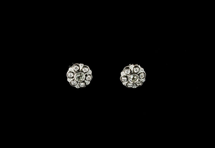 18ct Gold Old Cut 1.60ct Diamond Cluster Earrings set in Platinum