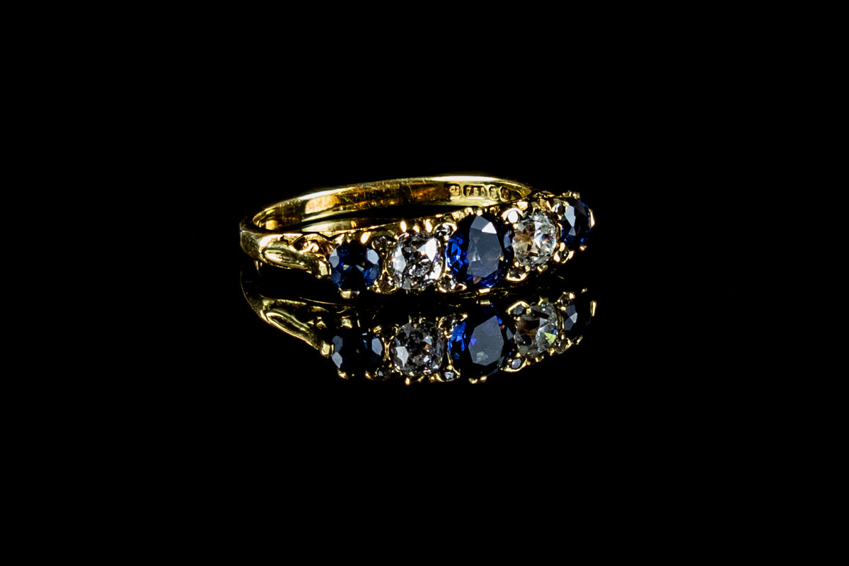 Vintage 18ct Gold Five Stone 1.00ct Sapphire and Old Cut Diamond Ring, London 1977