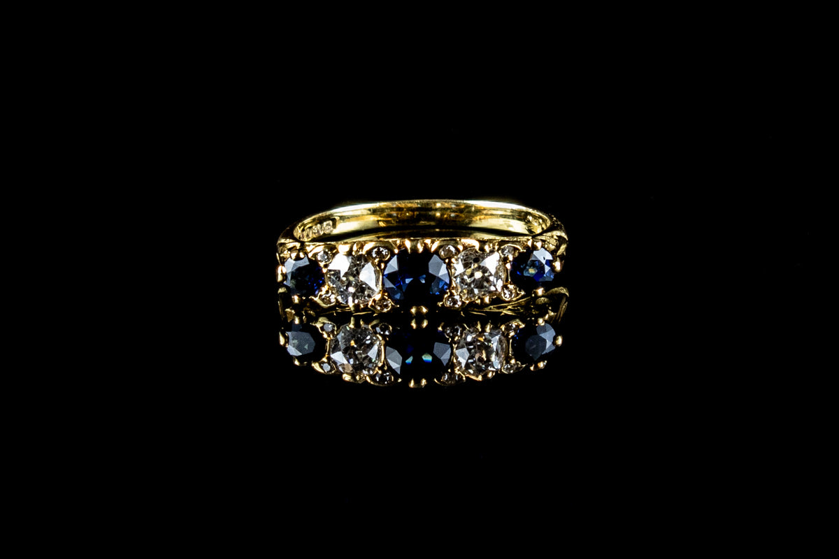 Antique 18ct Gold Five Stone 0.64ct Sapphire and Old Cut 0.91ct Diamond Ring